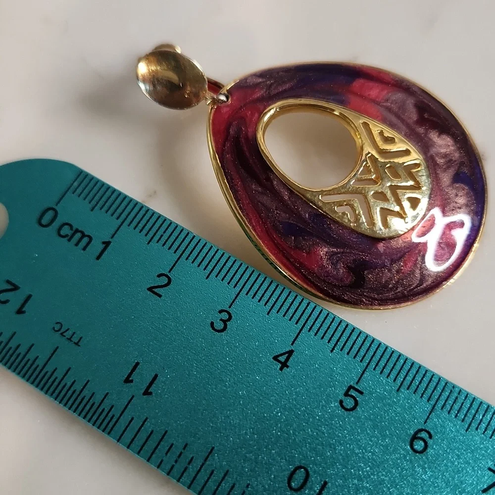 VTG Berebi Goldtone Earrings Marbeled Purple Enamel - Picture 4 of 5